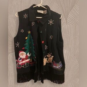 Vintage Festive Black Christmas Vest with Santa and Reindeer